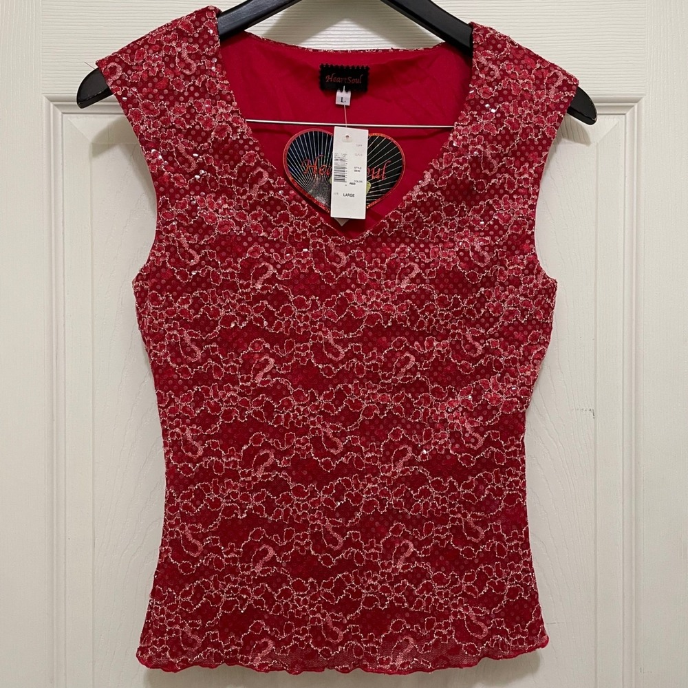 Vintage Heart Soul Sleeveless Sequin Top Red Lace Sheer NWT Y2K Glam Bling S M L